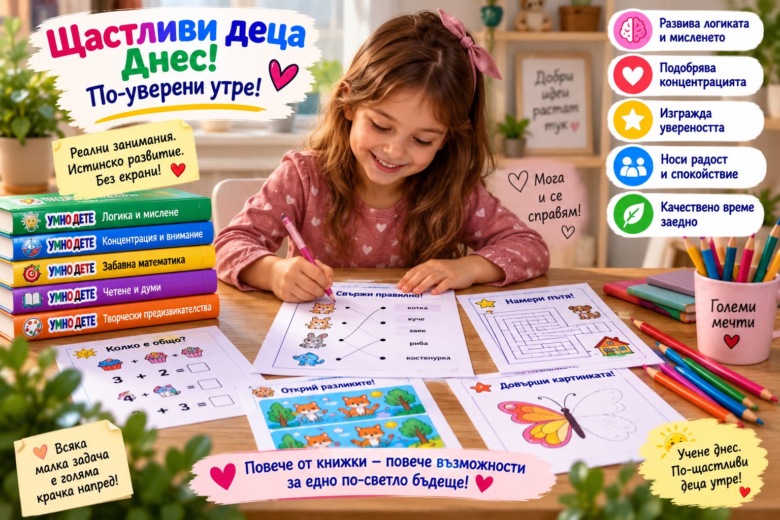 Момиче решава задачи от „Умно дете“ на масата